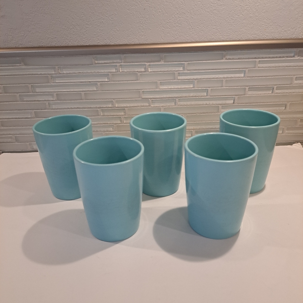 5 Vtg Watertown Lifetime Ware, Aqua 3 3/4" Tumblers